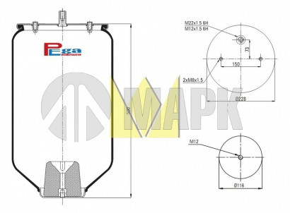 AU 346318-KP Пневморессора 6318/ 016512 с пластиковым стаканом Schmitz (2 отв.M8, 1отв.-шт.M12/22) (Auger)
