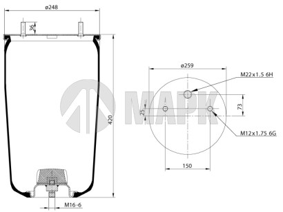 LC940W Пневморессора 940MB без стакана BPW (2шп.-М12+1 отвер.М22 под возд) (Ростар)