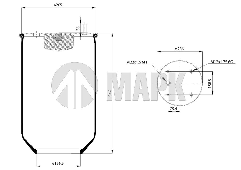 Пневморессора 810МВ без стакана (4 шп.М12+1 отв. М22 под воздух) (Ростар)